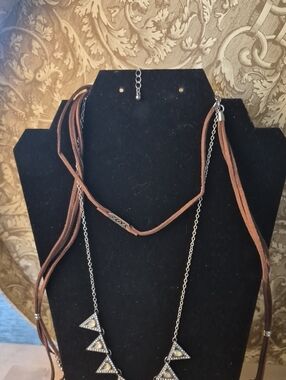 Multi-Strand Brown Suede Necklace with Geometric Triangle Pendants